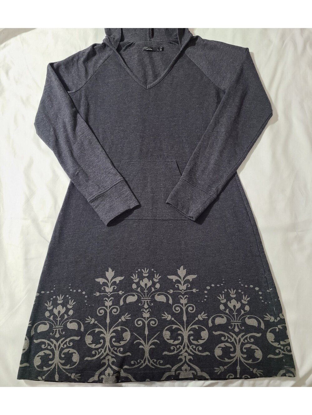 prAna Mandie Hooded V-Neck LS Dress Womens Size Small Gray Streetwear Damask Hem